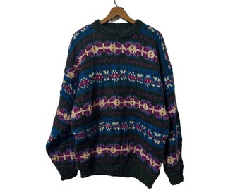 Wool Fair Isle Pattern Sweater Thick Knit Blue Purple Green Colorful Winter Sweater Size Adult Large