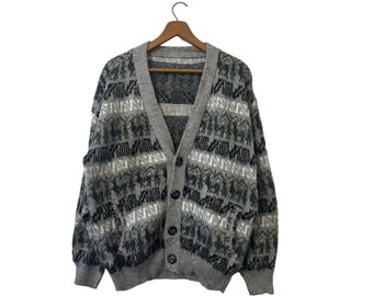 Vintage Alpaca Cardigan Gray White Black Grayscale Print Alpaca Wool Buttoned Sweater