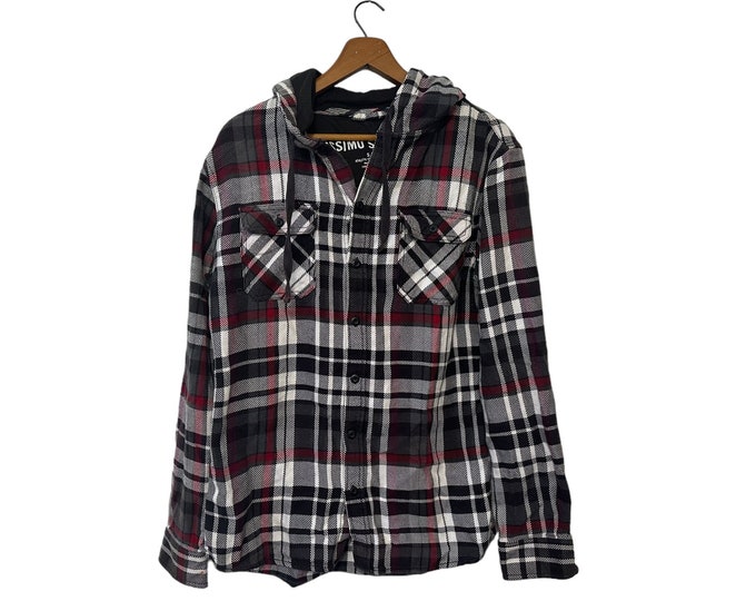 Hooded Flannel Shirt with Hood Gray White Red Black Skater Streetwear Flannel Button Down Size Small