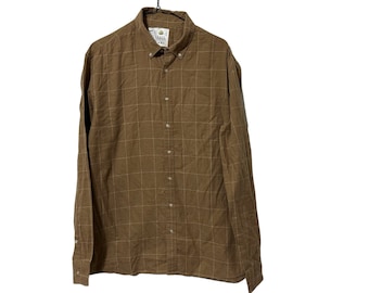 Vintage Beige Grid Line Plaid Button Down Men's Shirt Size Large Thin Neutral Earth Tones