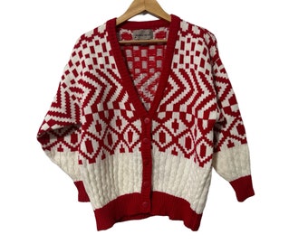 Vintage Red White Acrylic Cardigan Sweater Women Size Large