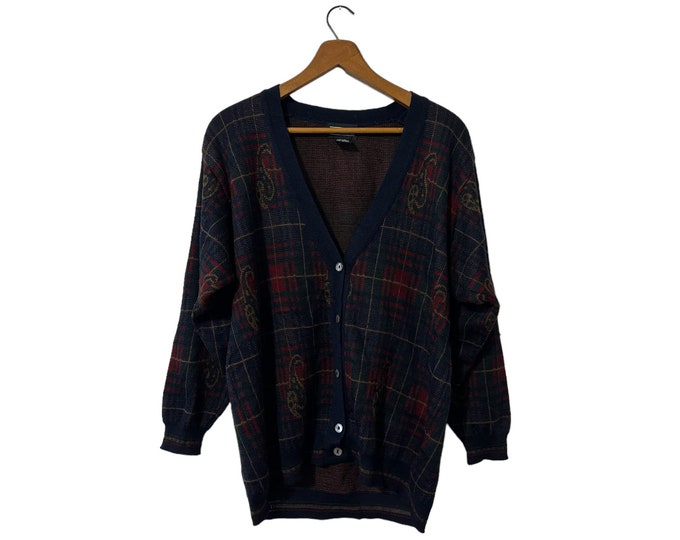 Land's End Vintage Cardigan Wool Blend Navy Blue Burgundy Green Brown Paisley Design 90s Style Women's Medium