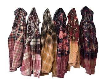 PICK ONE: Bleach Splattered Dip Dyed and Distressed Flannel Shirts Grunge Style Layering Flannels Unisex Mens and Boyfriend Fit Shirts