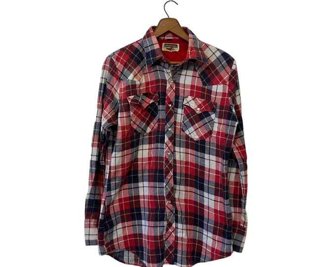 Vintage 70s Western Pearl Snap Button Flannel Shirt Red White Blue Authentic Western Youngbloods Size Small Medium