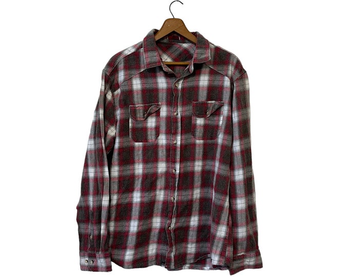 Heavily Faded & Worn Vintage Flannel Shirt Red Gray White Plaid Cotton Grunge Style Shirt with Bleach Spot Size Medium