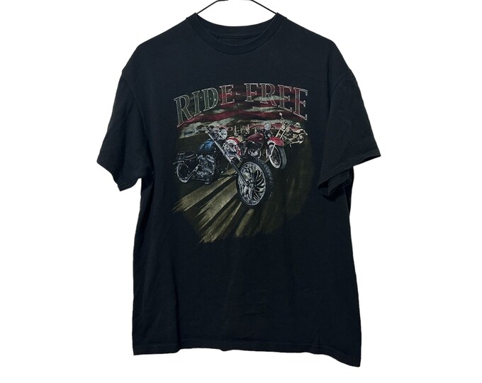 Vintage Motorcycle T-shirt Ride Free Black Tee American Flag & Bikes Size Large