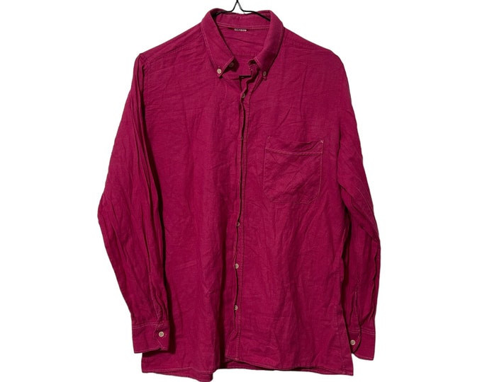 Unisex Solid Dark Pink Vintage Cotton Button Down Shirt Mens Small