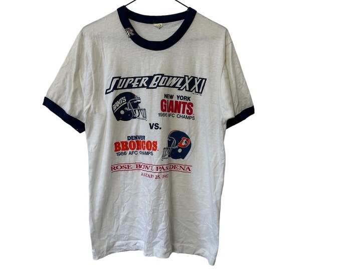 Vintage 1987 Super Bowl XXI Ringer T-shirt Rose Bowl Pasadena New York Giants v Denver Broncos Tee with Pin Size Large Screen Stars Shirt