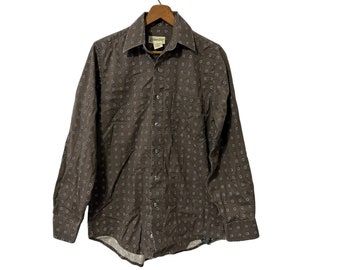 Vintage Brown Patterned Dress Shirt Mens Small Circle Print Spotted Button Down Shirt