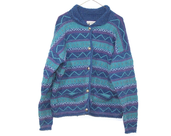 Thick Wool South American Fair Isle Cardigan Vintage Blue Horizontal Pattern Size XL Women