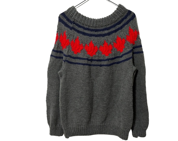 Canadian Maple Leaf Vintage Canada Sweater Gray Red Knit Pullover Size Medium