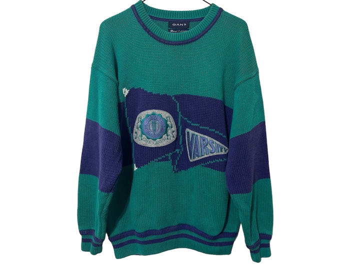 90's Varsity Sweater Purple & Teal Knit Greek Letters Cave Canum Gant Knit Hand Intarsia Vintage Sweater