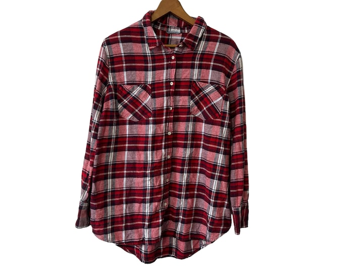 Women's Red & White Boyfriend Fit Oversized Flannel Shirt Size Large