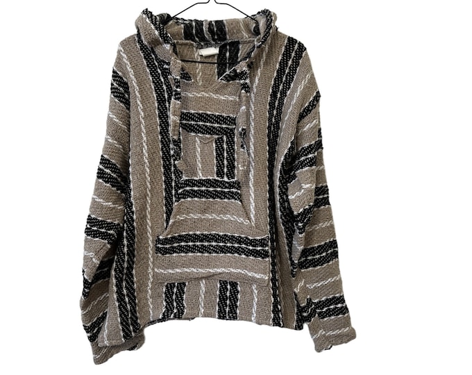 Beige Baha Hoodie Vintage Tan White Black Mexican Poncho Adult Medium / Large Neutral Earth Tones