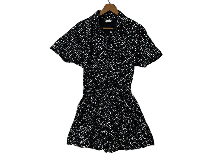 90's Spotted Romper Vintage Be Smart Jumper with Shorts Black with White Polka Dots Button Top Pleated Bottom with Zipper Women's Size 3 / 4
