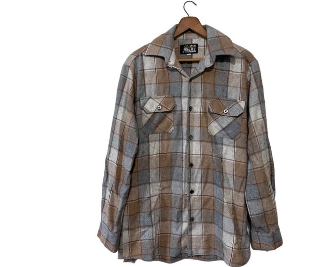 70s Vintage Wool Flannel Shirt Beige Grey White Plaid Long Sleeve Moac Men's Size Small