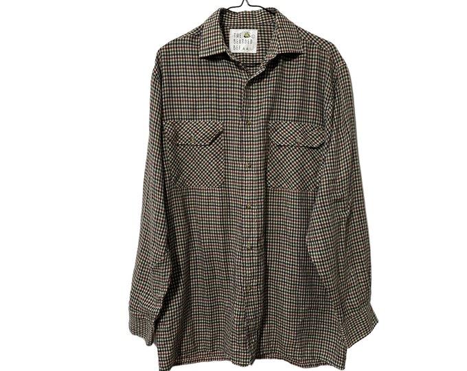 Gingham Plaid Button Down Shirt Mens Vintage Button Up Work Shirt Tan Blue Green Red Brown Medium Large