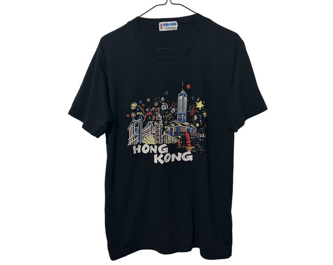Vintage Hong Kong City Skyline with Fireworks Black Cotton T-shirt Size Medium