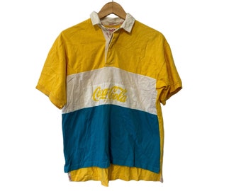Vintage 90's Coca Cola Brand Striped Polo Shirt Yellow White Blue Coke Soda Size Large