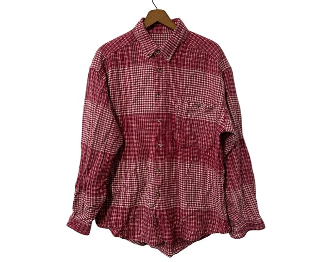 Vintage Red and White Mixed Patterned Plaid Flannel Button Down Long Sleeve with Pocket Men's XL