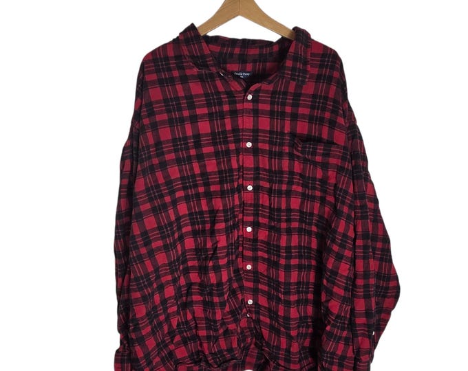 5XL Plus Sized Red Black Grunge Flannel Long Sleeve Shirt
