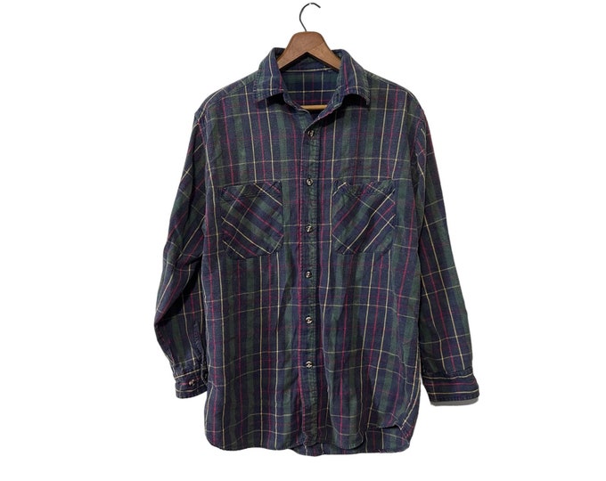 Acid Washed Flannel Shirt Soft Plush Cotton Long Sleeve Plaid Shirt Navy Green Red Gold Mens Size Small