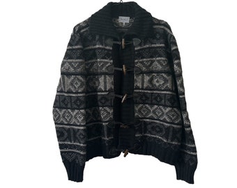 Vintage Wooden Toggle Sweater Cardigan Men Dark Italian Fair Isle Knit Sweater Medium