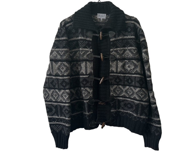 Vintage Wooden Toggle Sweater Cardigan Men Dark Italian Fair Isle Knit Sweater Medium