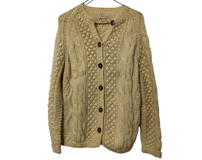 1960's Italian Hand Knit Vintage Cream Cable Knit Cardigan Sweater for Women Lerner Shops