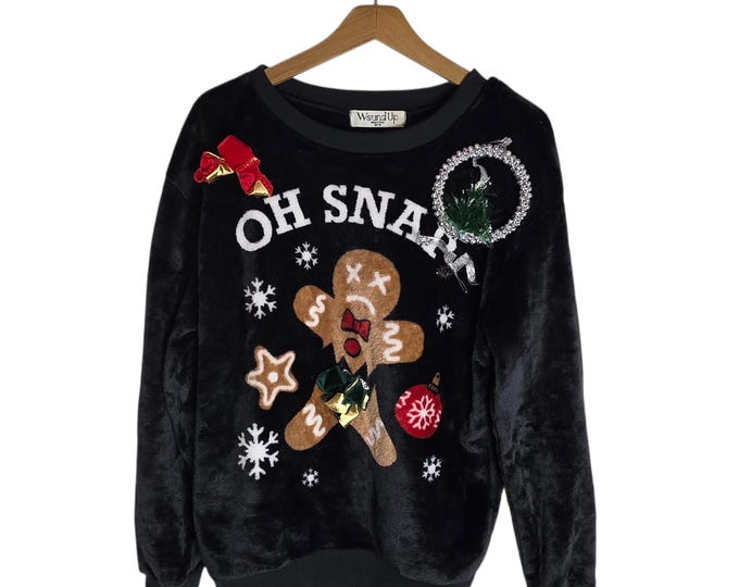 Oh Snap Gingerbread Man Fuzzy Ugly Christmas Sweater Fleece Sweatshirt Black Size Medium Women