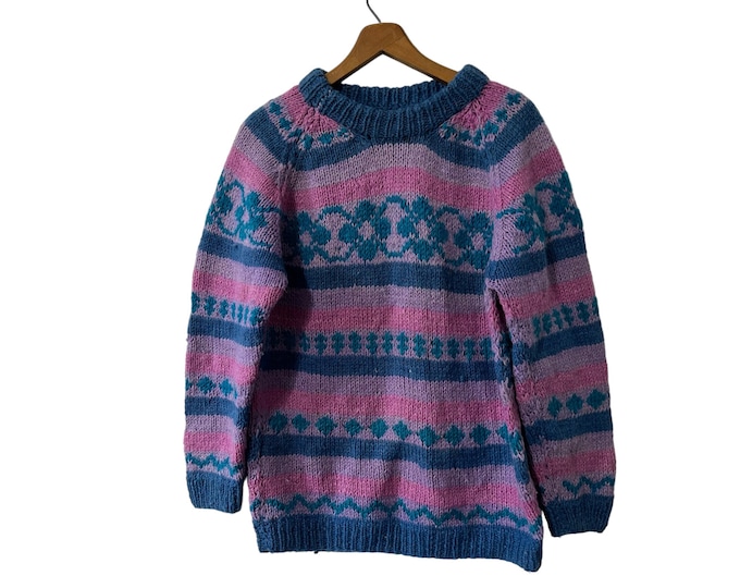 Purple Fair Isle Wool Thick Warm Pullover Vintage Heavy Knit Sweater Jumper