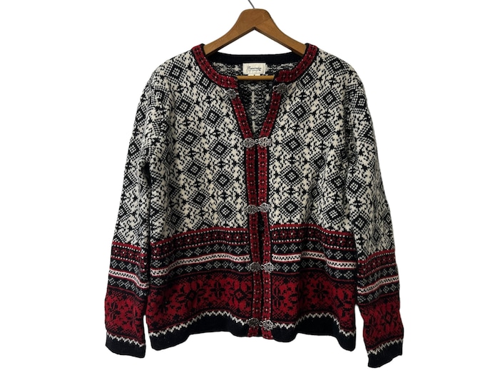 Vintage Cambridge Wool Fair Isle Red Black White Cardigan Sweater Silver Floral Metal Hook Clasps Womens Size Small / Medium