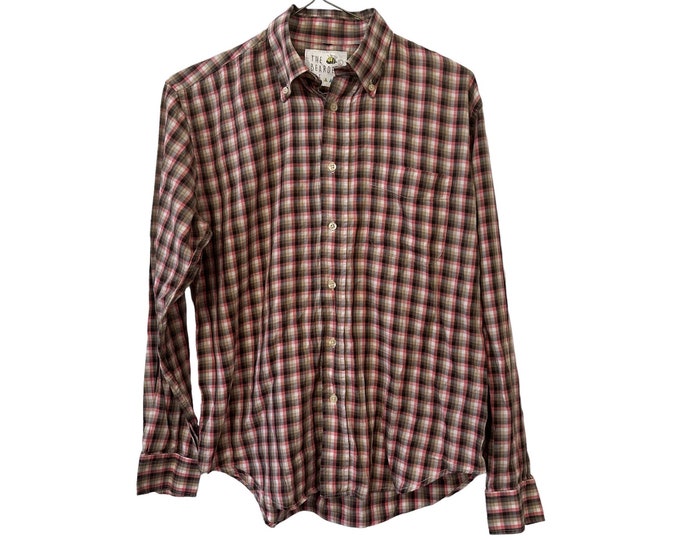 Vintage Gingham Pink Brown Plaid Button Down Men's Casual Dress Shirt