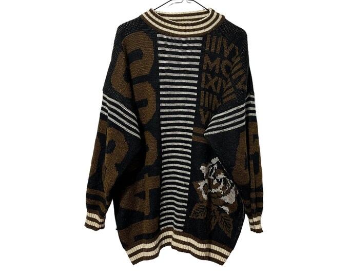 Vintage 90's Graphic Sweater Numbers Roman Numerals Rose Striped Pattern Brown Black White Acrylci Forelli Unisex Sweater