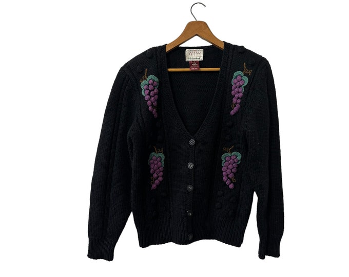 Vintage Hand Embroidered Grape Sweater Susan Bristol All Pure Wool Black Cardigan Purple Grapes Green Leaves Wooden Buttons Women's Small