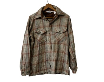 Vintage Woolrich Brown Gray Plaid Wool Rustic Flannel Shirt