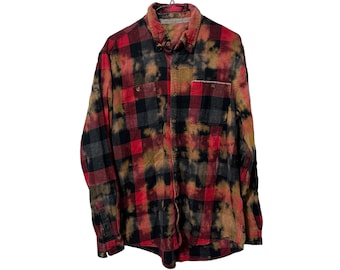 Bleach Splattered Flannel Shirt Buffalo Plaid Red Black Gray Checkered Plaid Flannel Bleached Medium