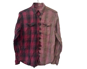 Red Rose Vertical Bleach Dyed Flannel Shirt Red Black Cotton Size Medium M