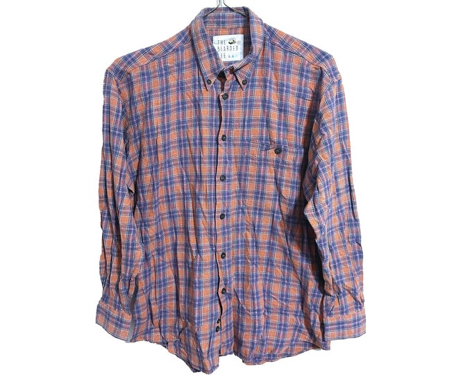 Vintage Waffle Cotton Flannel Shirt Orange Blue Size Medium