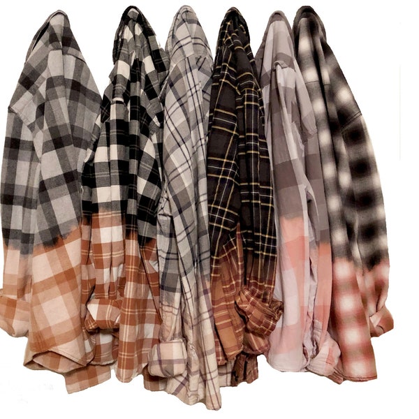 Half Bleached Flannel Shirt Custom Hand Dyed Ombre Bleach Plaid Dip Dyed Grunge Clothing Unisex Women Men Flannel