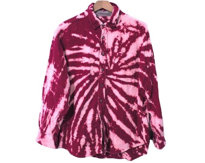 Pink Reverse Tie-Dyed Bleached Flannel Unisex Size Medium Valentine Pink Grunge Long Sleeve Shirt