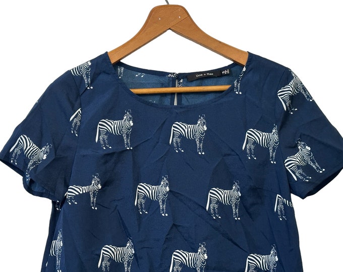 Zebra Blouse Casual Dress Top for Women Navy Blue White Short Sleeve Keyhole Back Size Large Womens