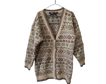 Vintage Fair Isle Knit Cardigan, Wool Blend Sweater (Women's M) Long Length