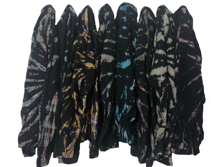 Black Tie Dye Flannel Shirt Dark Grunge Clothing Button Down Vintage Upcycled Reverse Tiedye Flannel Unisex Men Women