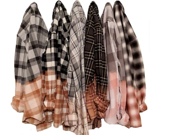 Half Bleached Flannel Shirt Custom Hand Dyed Ombre Bleach Plaid Dip Dyed Grunge Clothing Unisex Women Men Flannel