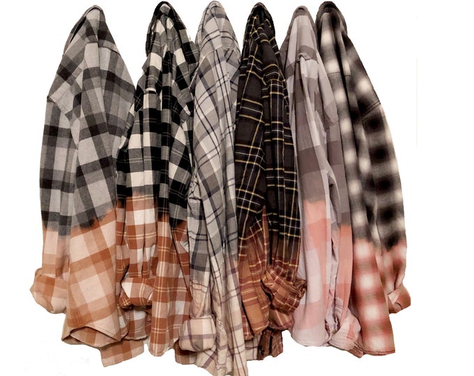 Half Bleached Flannel Shirt Custom Hand Dyed Ombre Bleach Plaid Dip Dyed Grunge Clothing Unisex Women Men Flannel