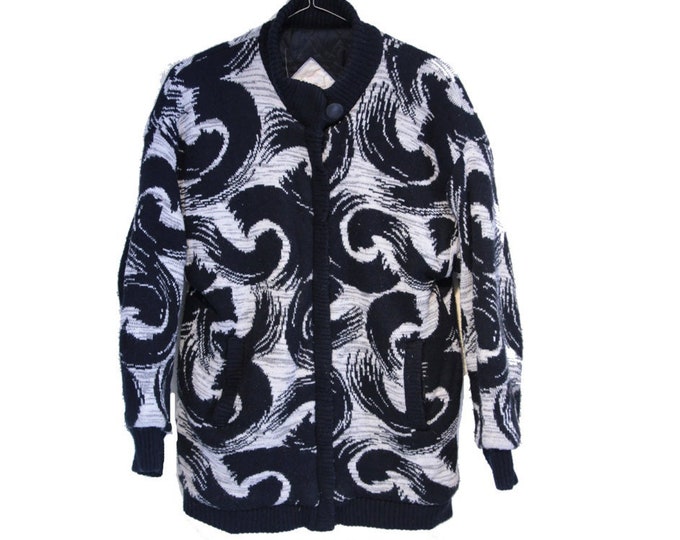 Vintage 80's Swirl Black & White Patterned Jacket for Women Coat Size Medium