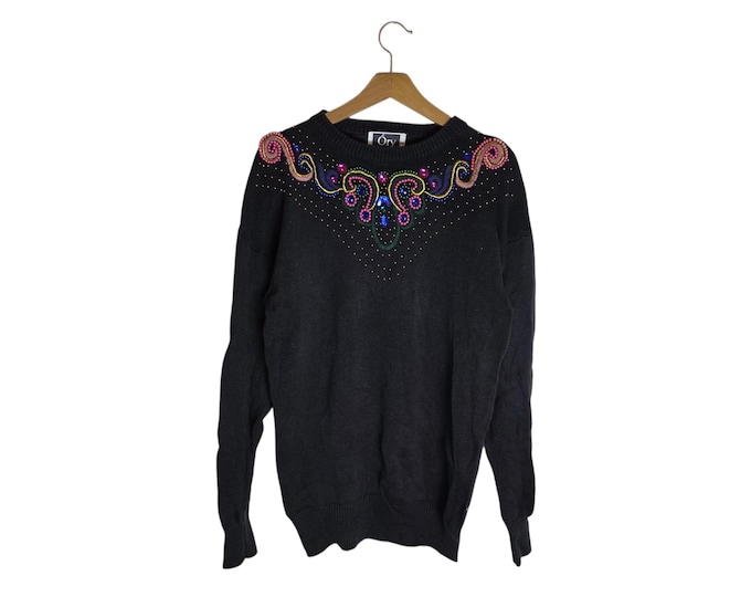 Beaded Women's Sweater Vintage 80s Black with Colorful Ornamental Beads Ory Woman Size Large
