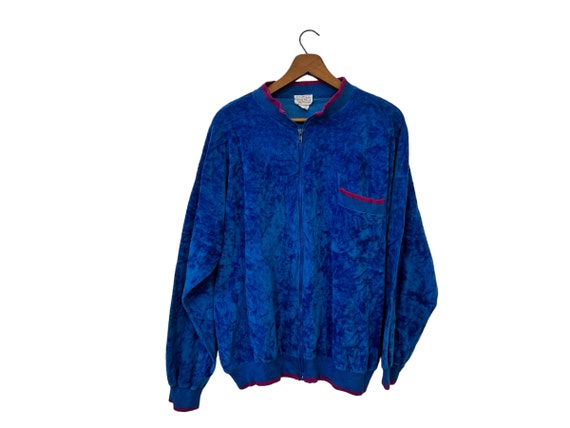 Vintage 80's Velour Zip Up Sweatshirt Jacket Blue Purple Front Side Pockets Long Sleeve Jolly Roger Adult Size Large