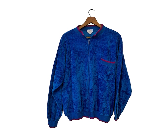 80's Velour Zip Up Sweatshirt Jacket Blue Purple Front Side Pockets Long Sleeve Vintage Jolly Roger Adult Size Large